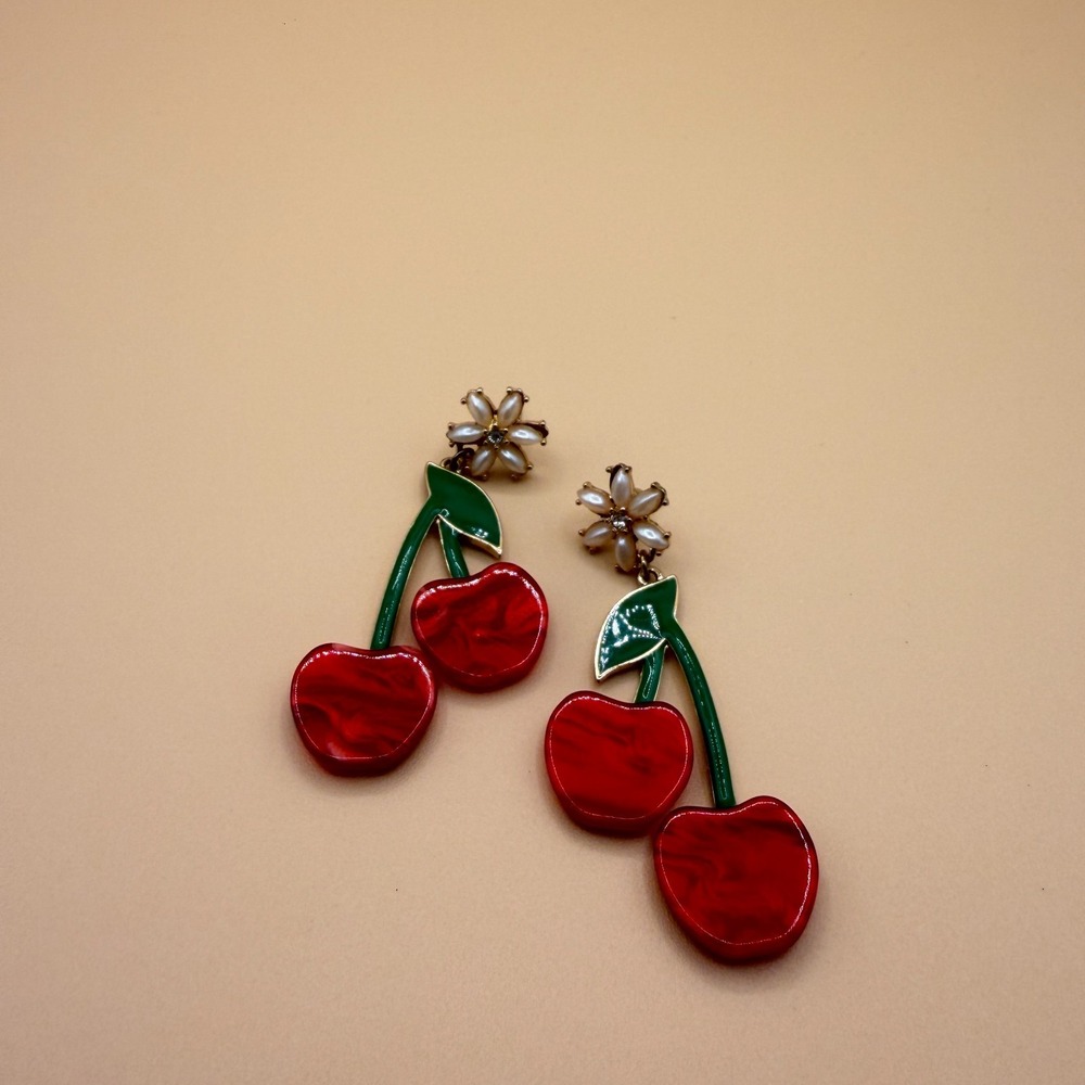 Red Cherry Dangle Earrings Pearl Flower Green Enamel Coquette Statement Gift - Picture 3 of 15